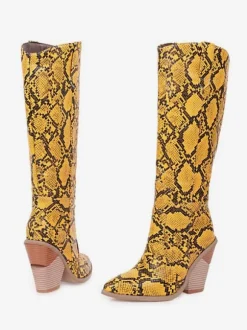 Bottes hauteur genou à talon de forme spéciale en cuir PU imprimé serpent pour femmes