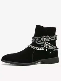Bottes Homme Bottines Chelsea Cuir Jaune Bout Rond Chaînes