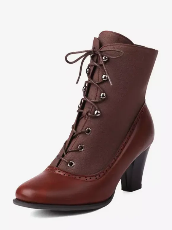 Bottes Lolita classiques style vintage bout rond en cuir PU chaussures Lolita rouges