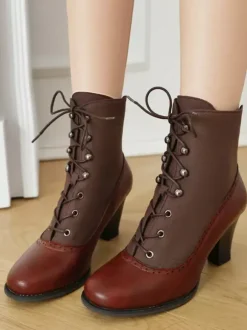 Bottes Lolita classiques style vintage bout rond en cuir PU chaussures Lolita rouges