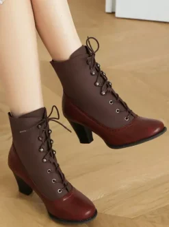 Bottes Lolita classiques style vintage bout rond en cuir PU chaussures Lolita rouges
