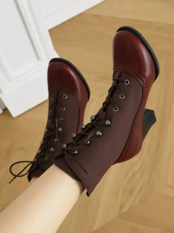 Bottes Lolita classiques style vintage bout rond en cuir PU chaussures Lolita rouges