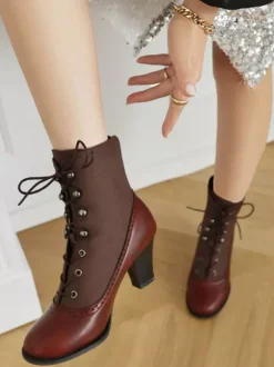 Bottes Lolita classiques style vintage bout rond en cuir PU chaussures Lolita rouges
