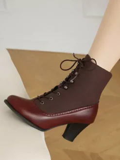 Bottes Lolita classiques style vintage bout rond en cuir PU chaussures Lolita rouges