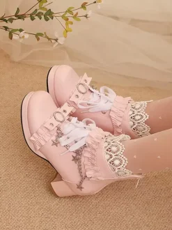 Bottes Lolita de style ROCOCO en cuir PU lacets volants chaînes bout rond chaussures Lolita noires