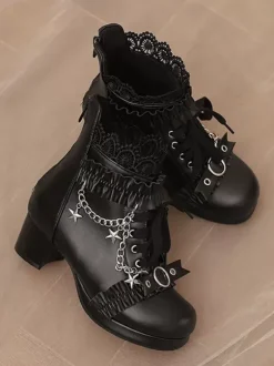Bottes Lolita de style ROCOCO en cuir PU lacets volants chaînes bout rond chaussures Lolita noires
