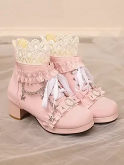 Bottes Lolita de style ROCOCO en cuir PU lacets volants chaînes bout rond chaussures Lolita noires