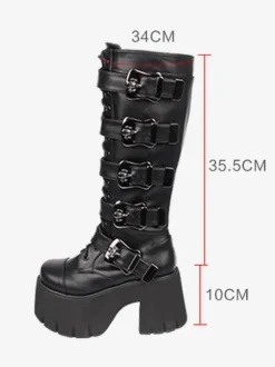 Bottes Lolita Gothiques Oeillets Blancs Squelette Bout Rond Cuir PU Chaussures Lolita