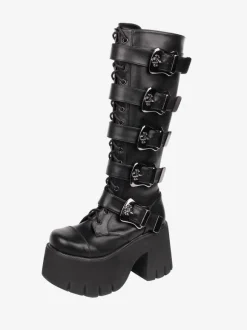 Bottes Lolita Gothiques Oeillets Blancs Squelette Bout Rond Cuir PU Chaussures Lolita