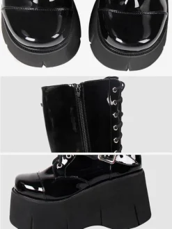 Bottes Lolita Steampunk Chaussures Lolita en cuir PU à bout carré noir