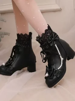 Bottes Lolita Sweet Bows noires Bout rond Chaussures Lolita en cuir PU