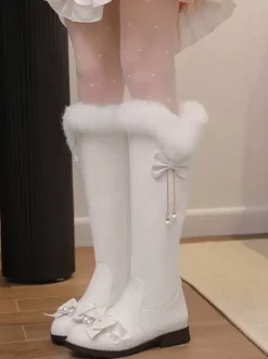 Bottes Lolita Sweet Bows roses Bout rond Chaussures Lolita en cuir PU