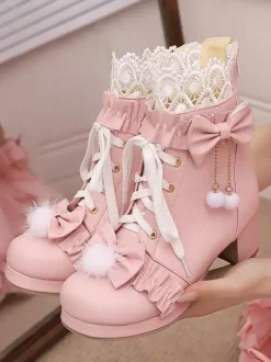 Bottes Lolita Sweet en cuir PU avec n艙uds et bout rond Chaussures Lolita blanches