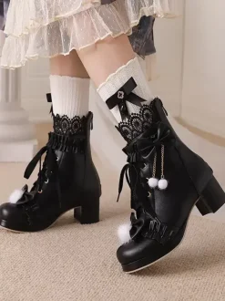 Bottes Lolita Sweet en cuir PU avec n艙uds et bout rond Chaussures Lolita blanches