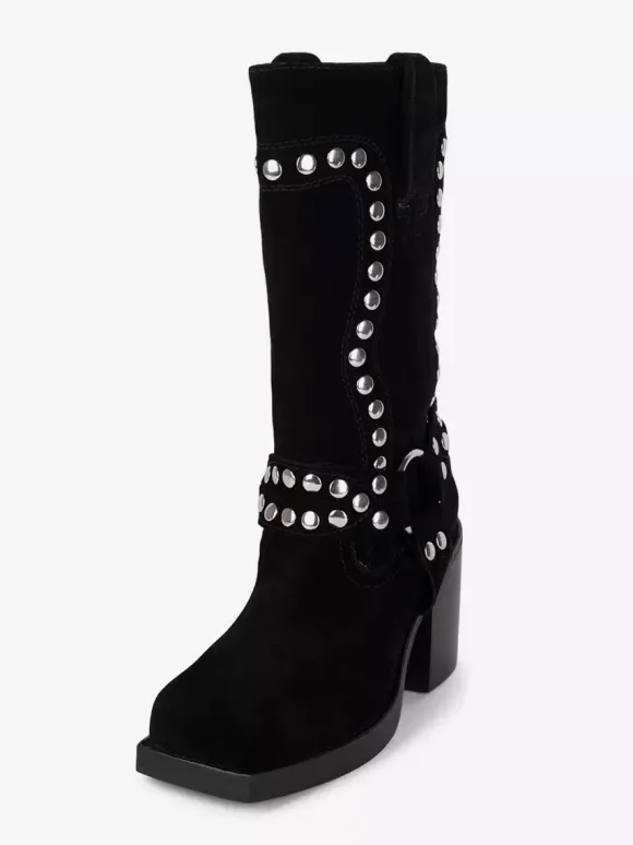 Bottes mi-mollet à clous en daim talon bloc bout rond détails de boucle