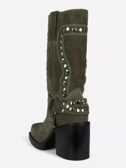 Bottes mi-mollet à clous en daim talon bloc bout rond détails de boucle