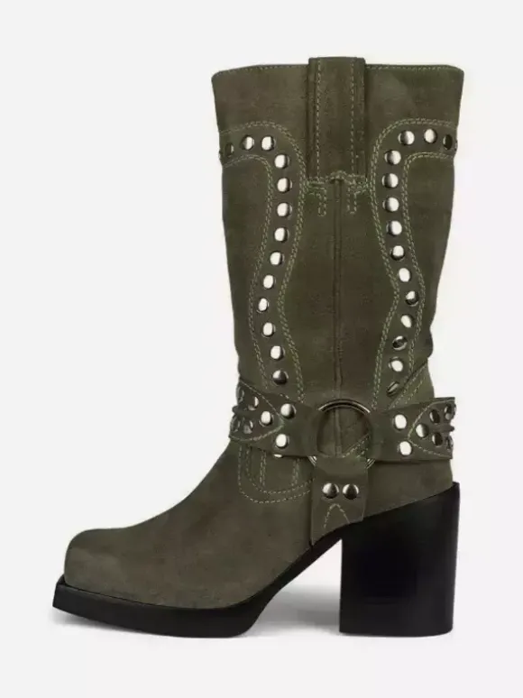 Bottes mi-mollet à clous en daim talon bloc bout rond détails de boucle
