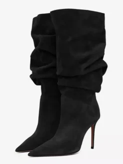 Bottes mi-mollet en daim à bout pointu et talon haut souple pour femmes