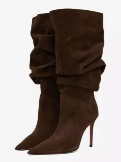 Bottes mi-mollet en daim à bout pointu et talon haut souple pour femmes