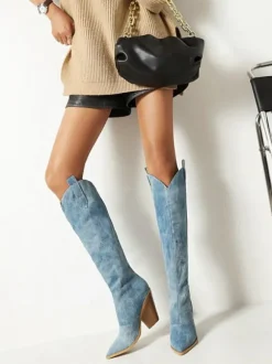 Bottes Mi-mollet Femme à Talons Hauts avec Bout Pointu en Cuir Synthétique Bicolores