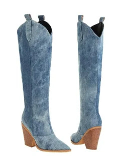 Bottes Mi-mollet Femme à Talons Hauts avec Bout Pointu en Cuir Synthétique Bicolores