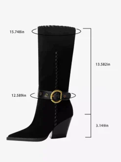 Bottes mi-mollet noires en daim à bout pointu et boucle à talon épais