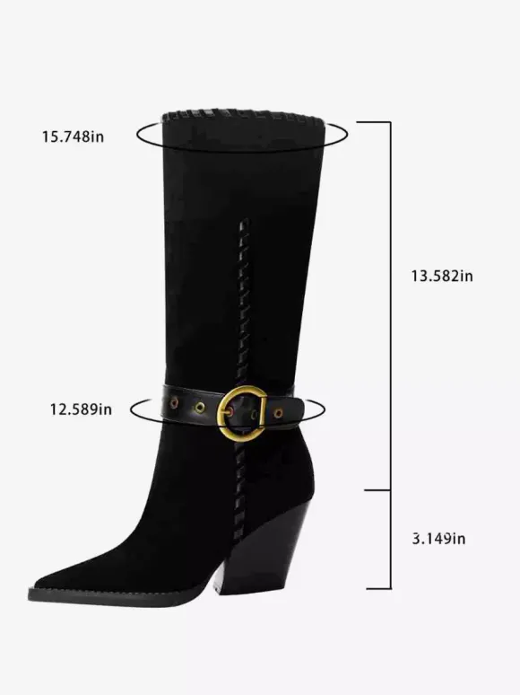 Bottes mi-mollet noires en daim à bout pointu et boucle à talon épais