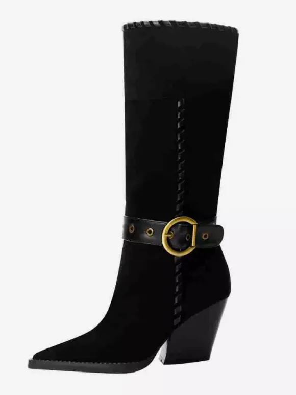 Bottes mi-mollet noires en daim à bout pointu et boucle à talon épais