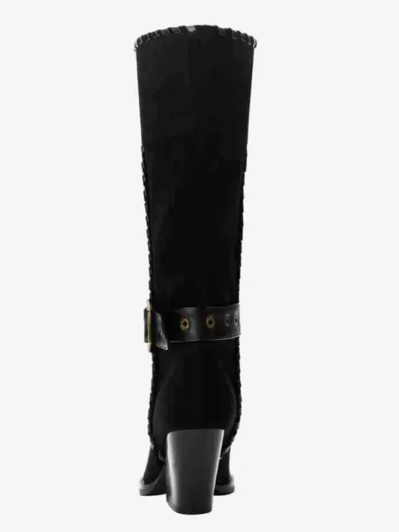 Bottes mi-mollet noires en daim à bout pointu et boucle à talon épais