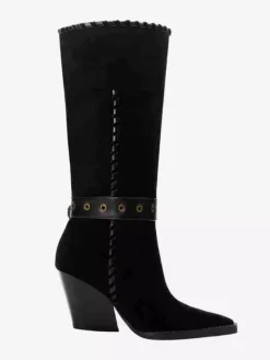 Bottes mi-mollet noires en daim à bout pointu et boucle à talon épais