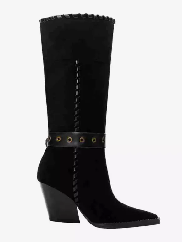 Bottes mi-mollet noires en daim à bout pointu et boucle à talon épais