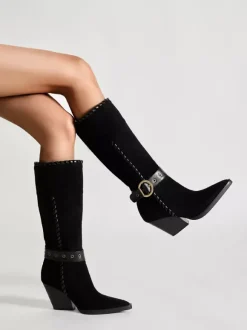 Bottes mi-mollet noires en daim à bout pointu et boucle à talon épais