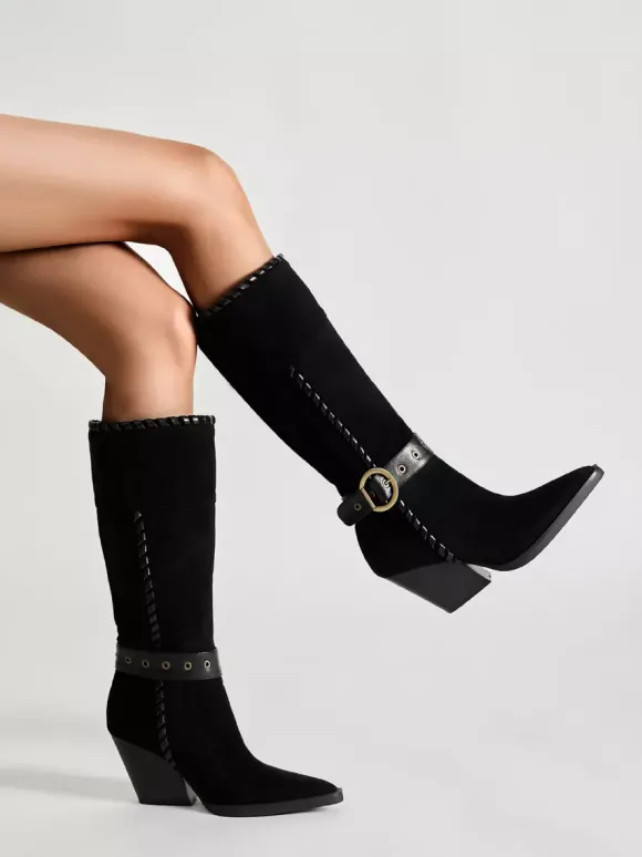 Bottes mi-mollet noires en daim à bout pointu et boucle à talon épais