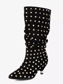 Bottes mi-mollet noires en daim à bout pointu et strass.