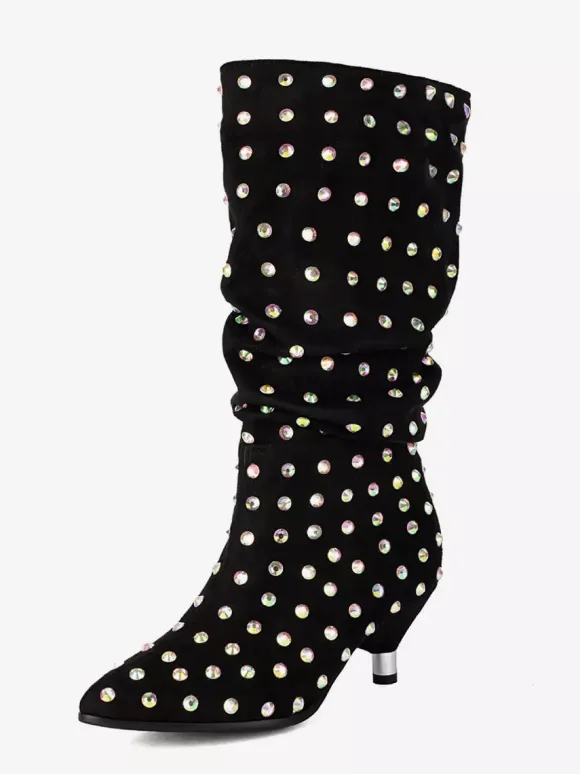 Bottes mi-mollet noires en daim à bout pointu et strass.