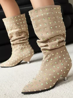 Bottes mi-mollet noires en daim à bout pointu et strass.