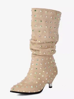 Bottes mi-mollet noires en daim à bout pointu et strass.