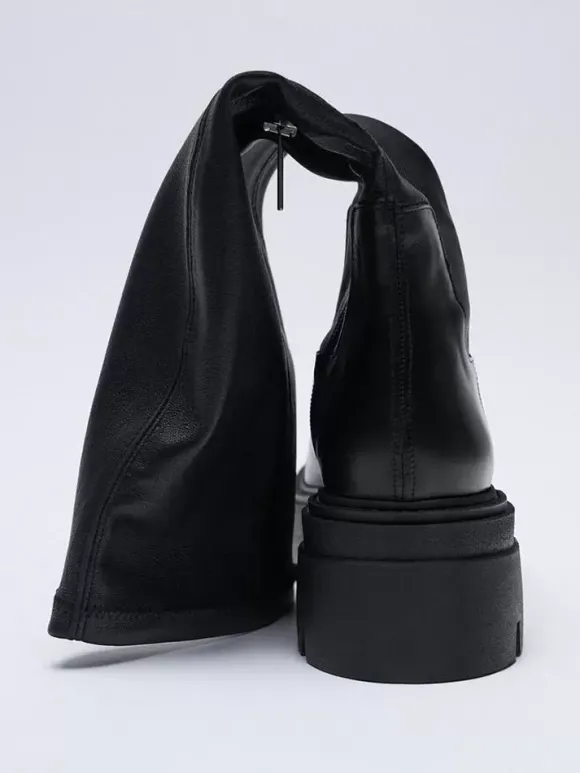 Bottes mi-mollet noires pour femmes bottes élastiques zippées à plateforme