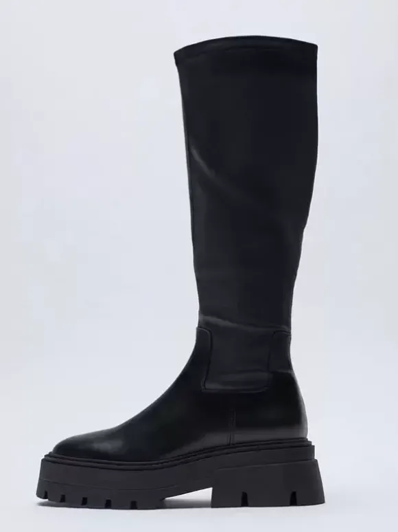 Bottes mi-mollet noires pour femmes bottes élastiques zippées à plateforme