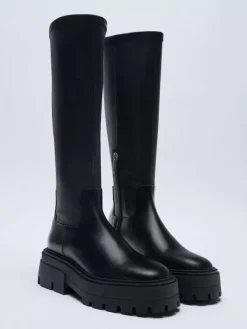 Bottes mi-mollet noires pour femmes bottes élastiques zippées à plateforme