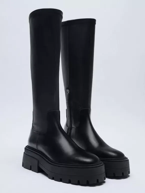Bottes mi-mollet noires pour femmes bottes élastiques zippées à plateforme