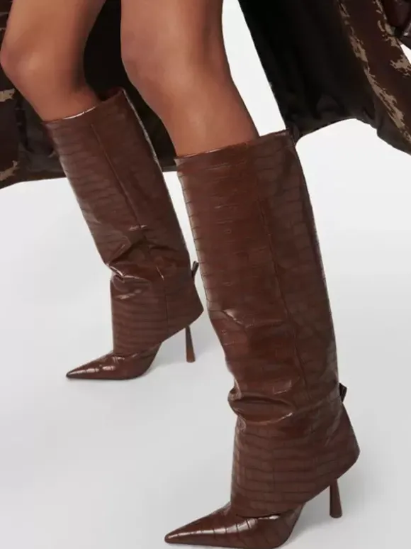Bottes mi-mollet pour femmes bout pointu talon haut talon aiguille pliable bottes larges pour mollets