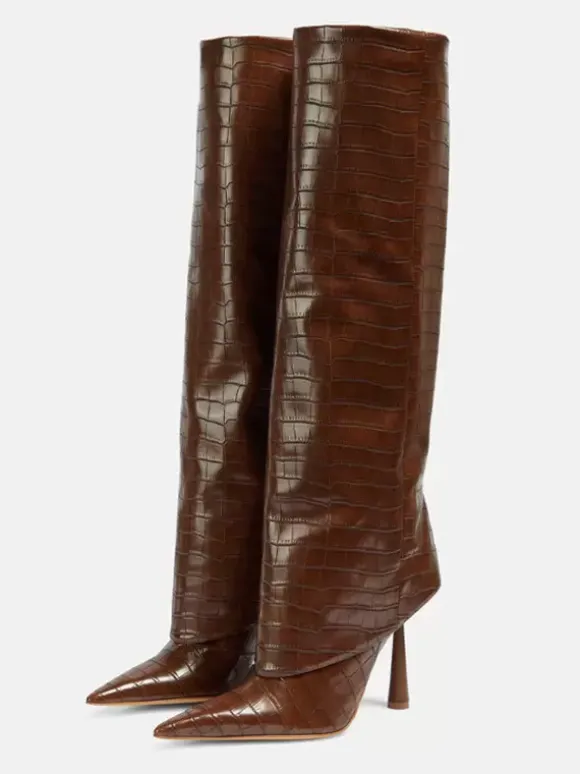 Bottes mi-mollet pour femmes bout pointu talon haut talon aiguille pliable bottes larges pour mollets
