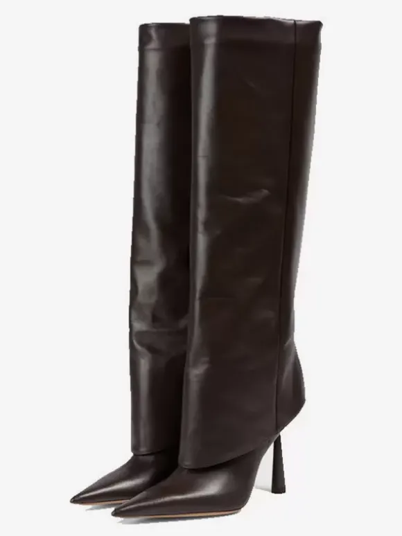 Bottes mi-mollet pour femmes bout pointu talon haut talon aiguille pliable bottes larges pour mollets