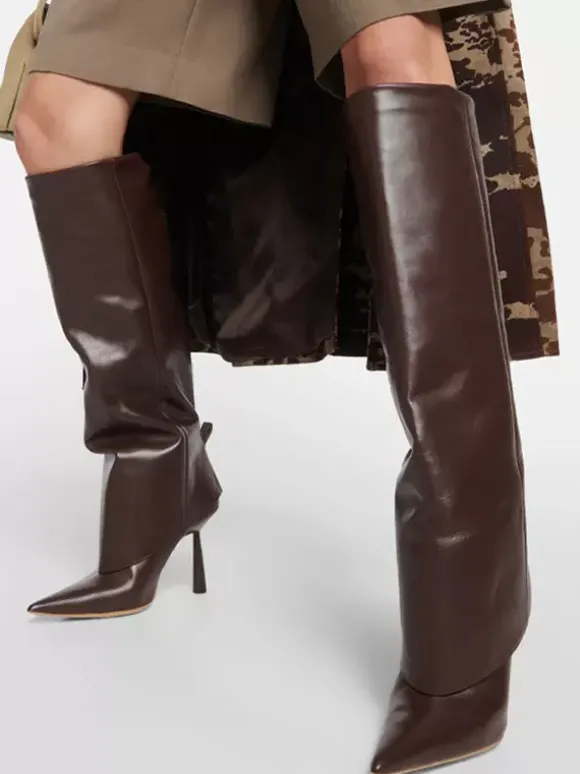 Bottes mi-mollet pour femmes bout pointu talon haut talon aiguille pliable bottes larges pour mollets