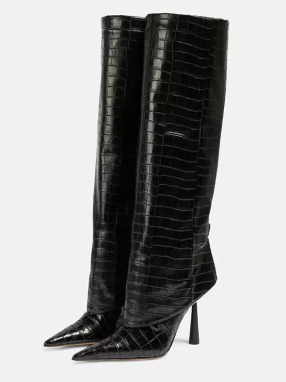 Bottes mi-mollet pour femmes bout pointu talon haut talon aiguille pliable bottes larges pour mollets