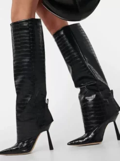 Bottes mi-mollet pour femmes bout pointu talon haut talon aiguille pliable bottes larges pour mollets