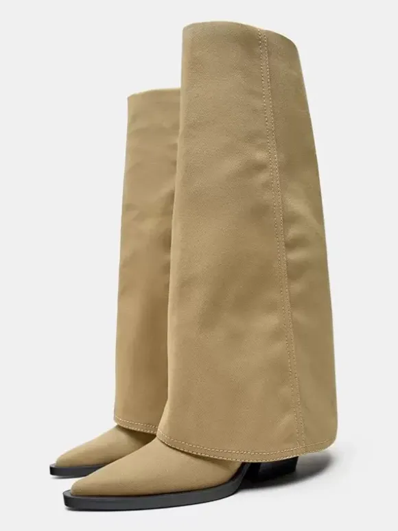 Bottes mi-mollet pour femmes bottes à talons épais en polyester à bout pointu