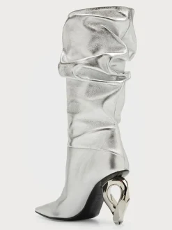 Bottes mi-mollet pour femmes bottes souples argentées à bout pointu et à talon de forme spéciale