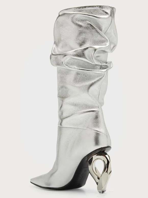 Bottes mi-mollet pour femmes bottes souples argentées à bout pointu et à talon de forme spéciale